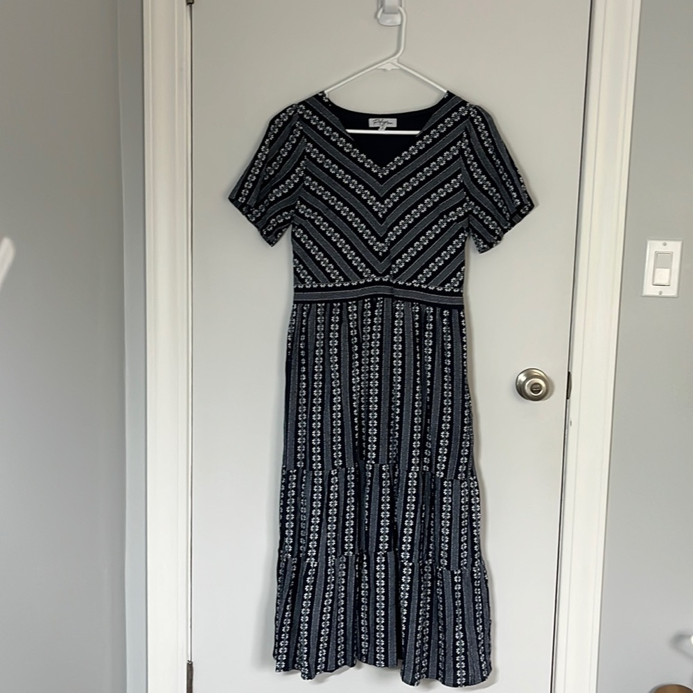 Piper & Scoot Polagram cotton midi dress in navy and white